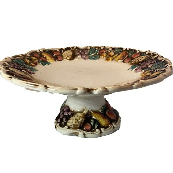 Lefton 1950 Della Robbia Multicolor Fruit Cream Pedestal Serving Plate 8.5” - Picture 2 of 12